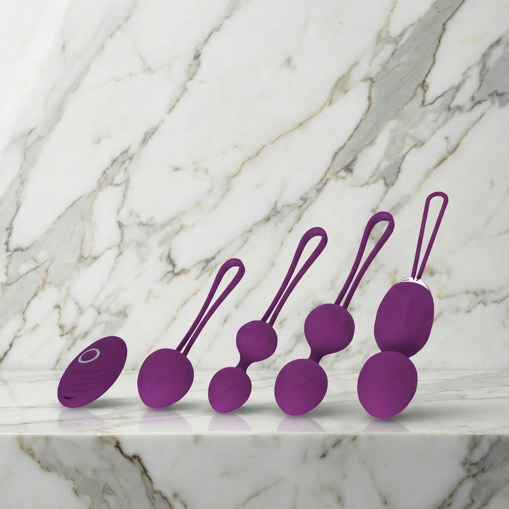 Vier paarse kegels en afstandsbediening op een marmeren plank, Kegelset met Extra Fun van House of Delight