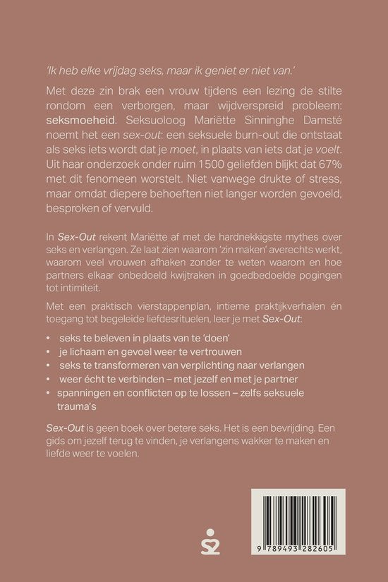 Achterkant boek Sex-Out van seksuoloog Mariëtte, bruine softcover met beschrijving