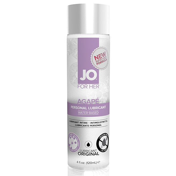 Jo Agabe glijmiddel op waterbasis 120ml fles van De Paarse Keizerin op witte achtergrond