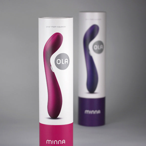 Minna Ola vibrator verpakking in twee kleuren roze/magenta en paars, cilindrische kokers siliconen