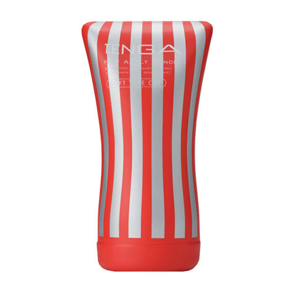 Tenga Soft Tube Cup vooraanzicht met rood-zilveren streepdesign en knijpbaar lichaam