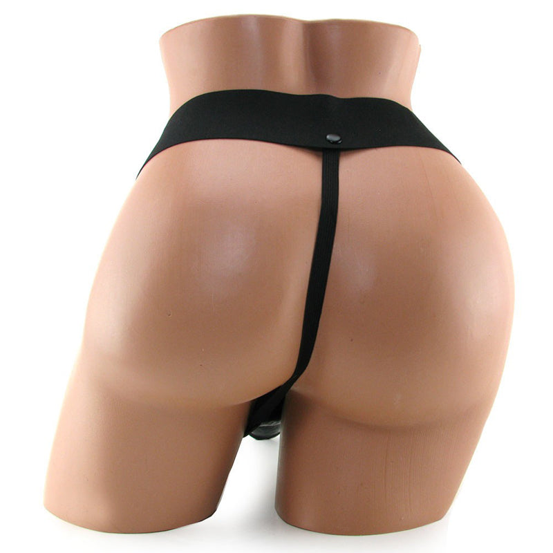 Holle purple strap-on achteraanzicht zwart harnas met elastische band op etalagepop