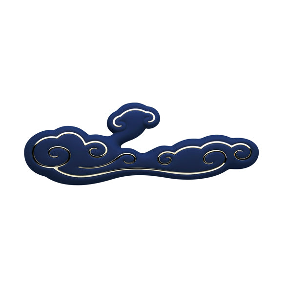 Donkerblauwe Sky Alto rabbit vibrator met sierlijk wolkenmotief en gouden accenten, plat ergonomisch ontwerp