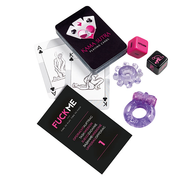 Fuck Me erotisch spel inhoud met Kama Sutra-kaarten, dobbelstenen en opdrachtkaart in blik