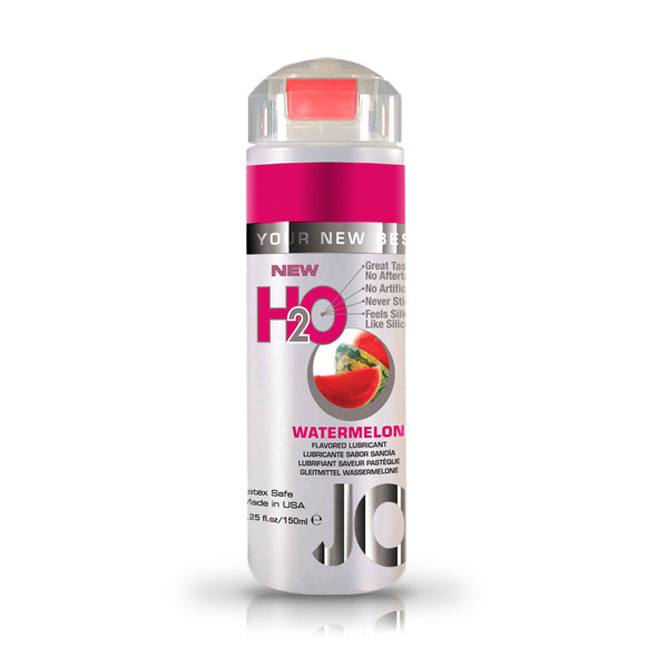 JO H2O glijmiddel watermeloen smaak 150 ml, zilverkleurige fles met roze accent.