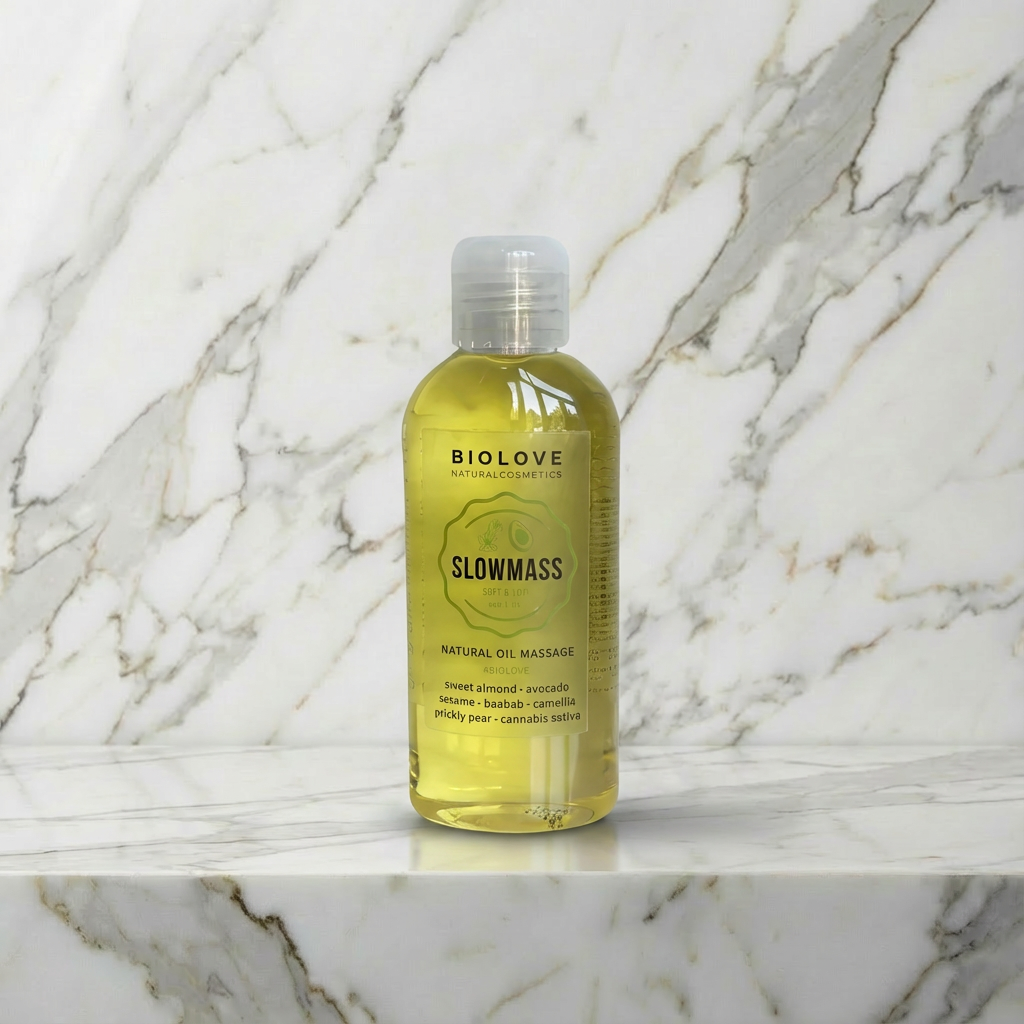 Fles Slowmass Natural Oil Massage 125 ml op een marmeren plank