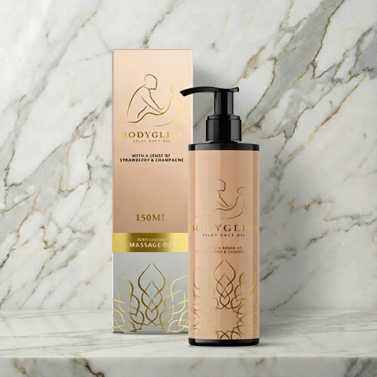 Flacon Bodygliss Massage Olie Delight 150 ml met pompje naast de doos op een marmeren plank