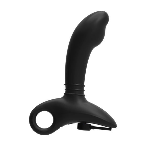 Nexus Sparta zwarte siliconen prostaatvibrator met gebogen schacht en vingerring, zijaanzicht