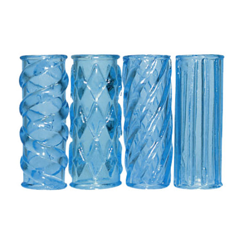 Set van vier blauwe transparante penis sleeves met verschillende texturen: gevlochten, ruitpatroon, spiraal en geribbeld