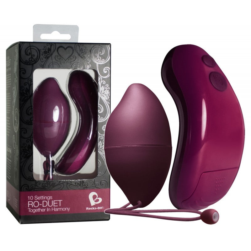 Rocks-Off RO-Duet vibrerend ei in bordeauxrood met afstandsbediening en verpakking, 10 standen