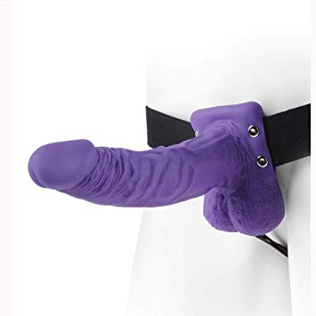 Holle strap-on M/L in paars met zwart harnas op mannequin vooraanzicht