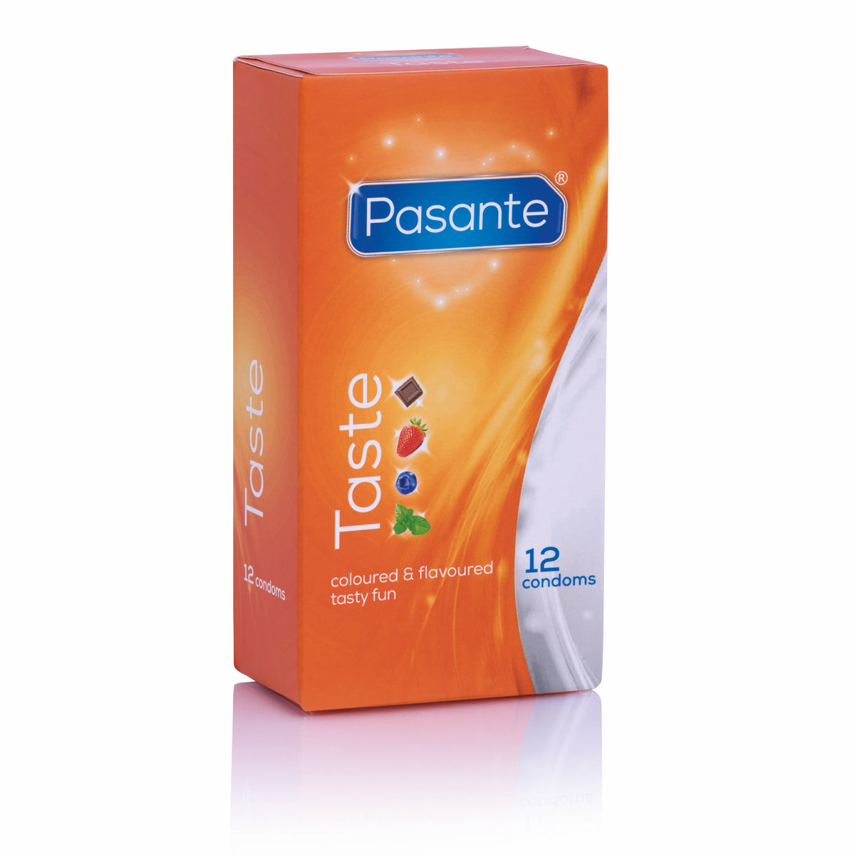 Pasante Taste condooms met smaakjes 12 stuks, oranje verpakking met fruitafbeeldingen en blauw logo