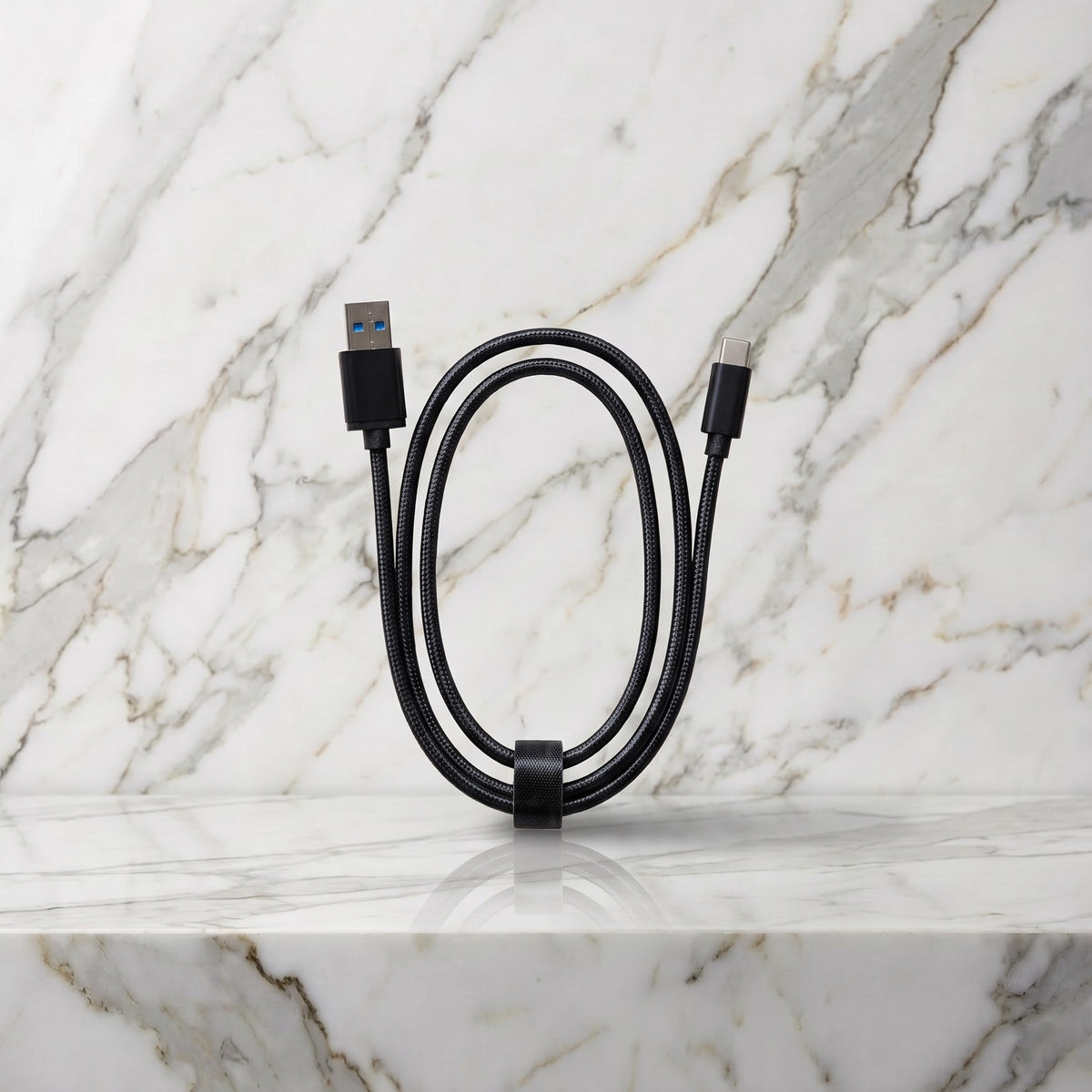 Zwarte gevlochten USB-C oplaadkabel, opgerold op een marmeren plank