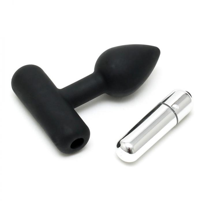 kleine vibrerende buttplug in zwart met losse kogelvibrator