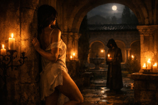Een nachtelijk klooster met zachte kaarsverlichting, waar stilte en verlangen samenkomen in een sfeer van geheimzinnige spanning.