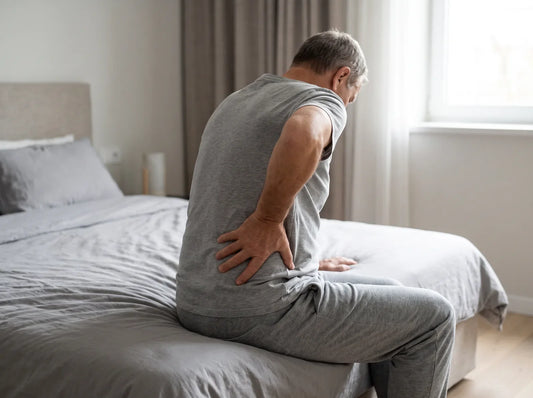 Sfeerbeeld: man in grijs op de rand van het bed met een hand op zijn onderrug
