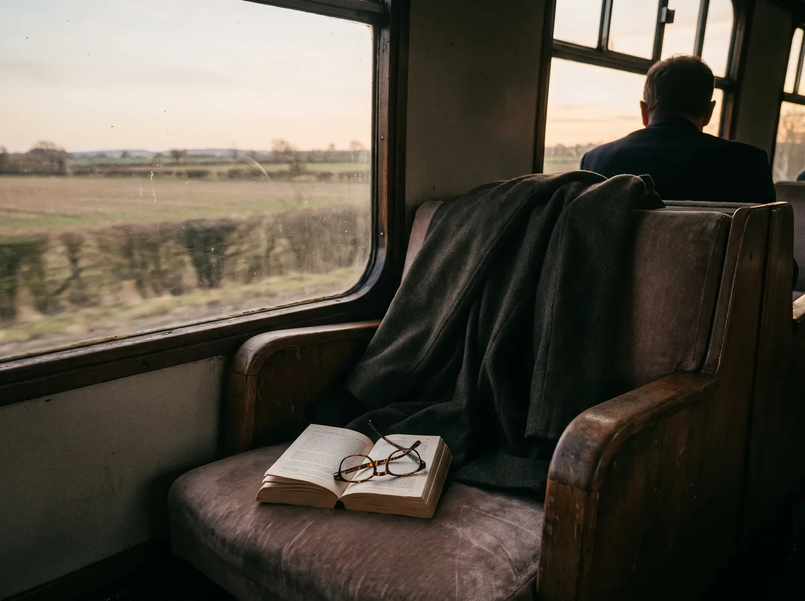 Sfeerbeeld: een opengeslagen boek met leesbril op de bank van een ouderwetse treincoupé bij avondlicht