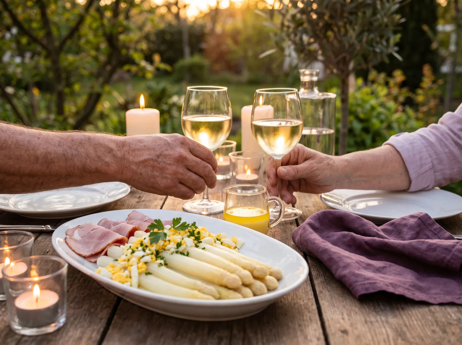 Sfeerbeeld: twee handen heffen het glas boven een schaal witte asperges in de avondzon