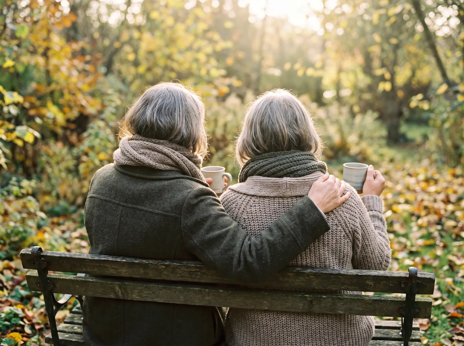 Sfeerbeeld: twee vriendinnen van rond de zestig op een tuinbank in de herfst, van achteren gezien