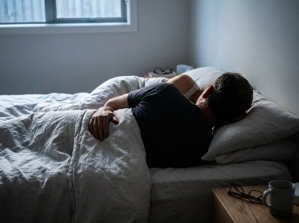 Sfeerbeeld: een man ligt 's ochtends vroeg wakker in bed naast zijn partner, van achteren gezien