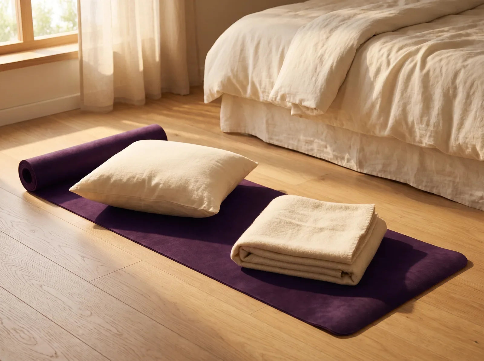 Sfeerbeeld: paarse yogamat met kussen en opgevouwen deken naast een bed in ochtendlicht