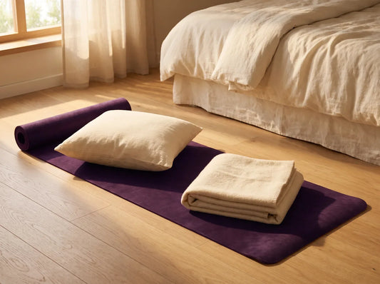 Sfeerbeeld: paarse yogamat met kussen en opgevouwen deken naast een bed in ochtendlicht