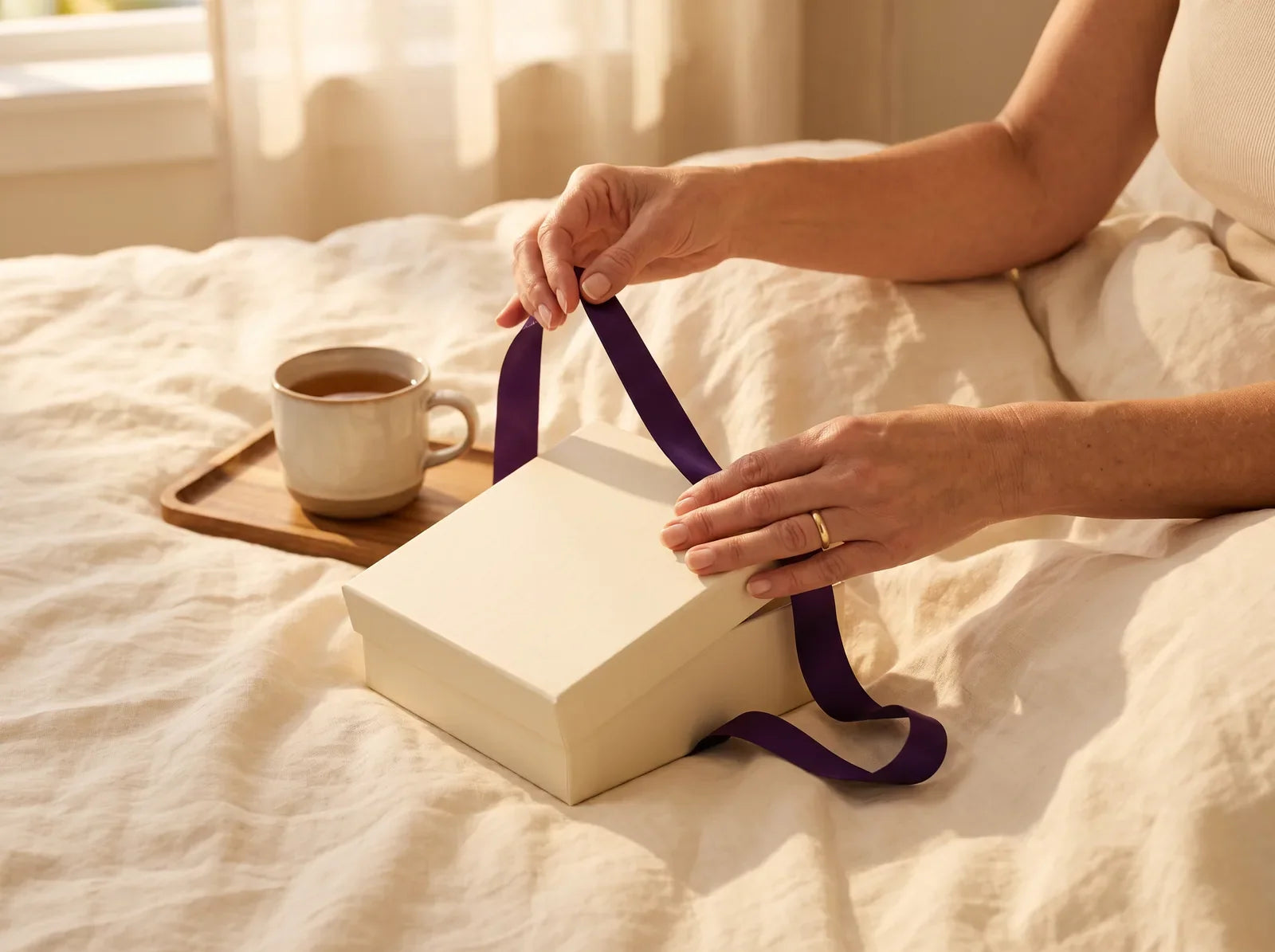 Sfeerbeeld: handen van een vrouw trekken het paarse lint van een cadeaudoos op bed