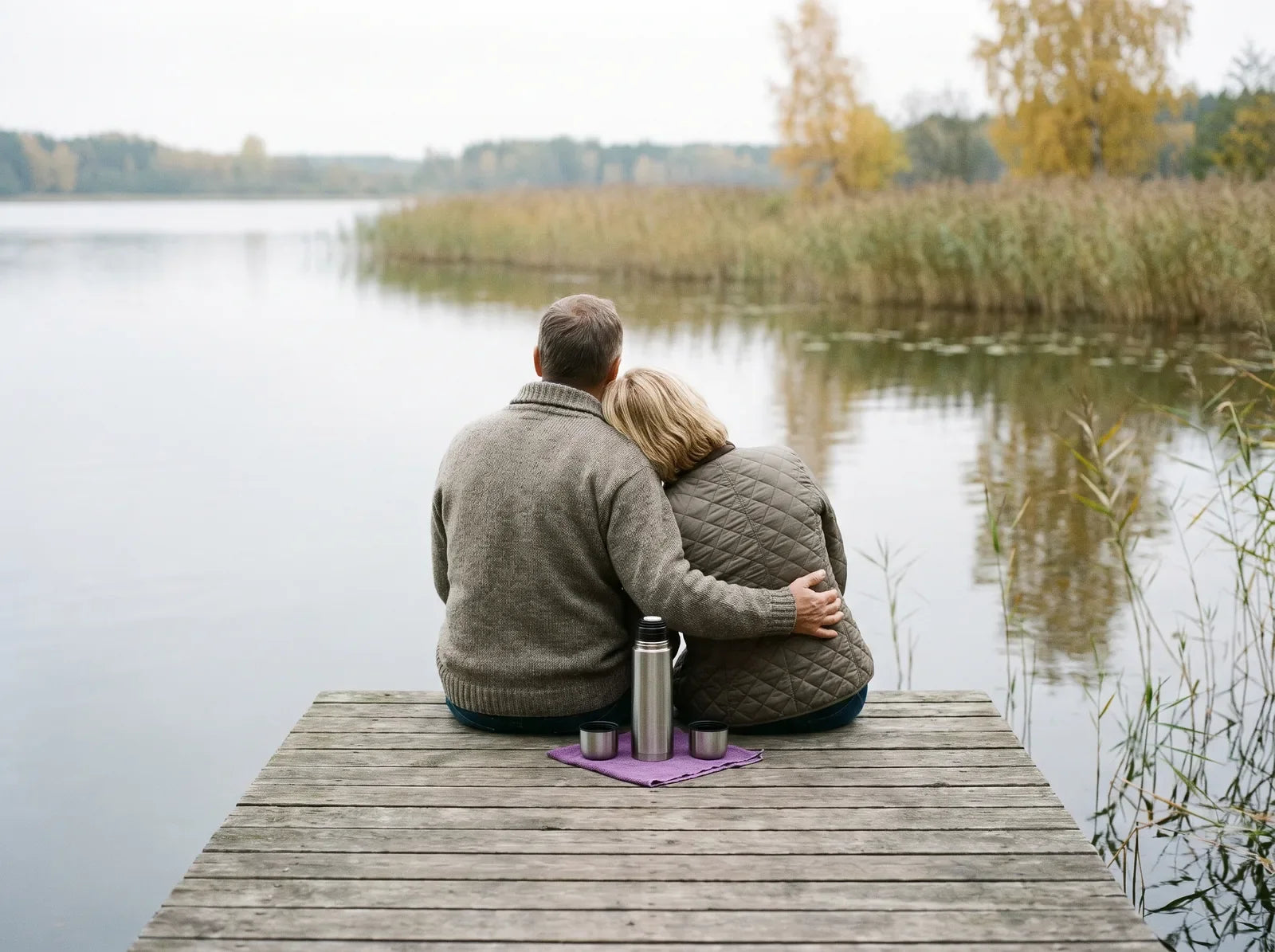Sfeerbeeld: man en vrouw van rond de vijftig van achteren op een steiger aan een meer