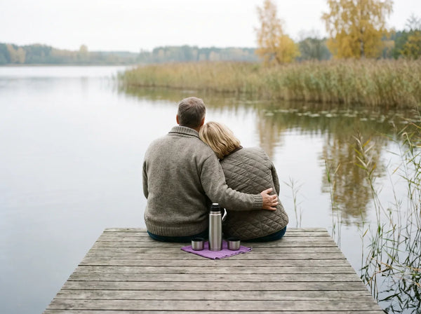 Sfeerbeeld: man en vrouw van rond de vijftig van achteren op een steiger aan een meer