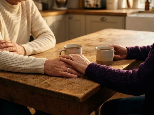 Sfeerbeeld: twee oudere handen op elkaar aan een keukentafel met twee mokken thee