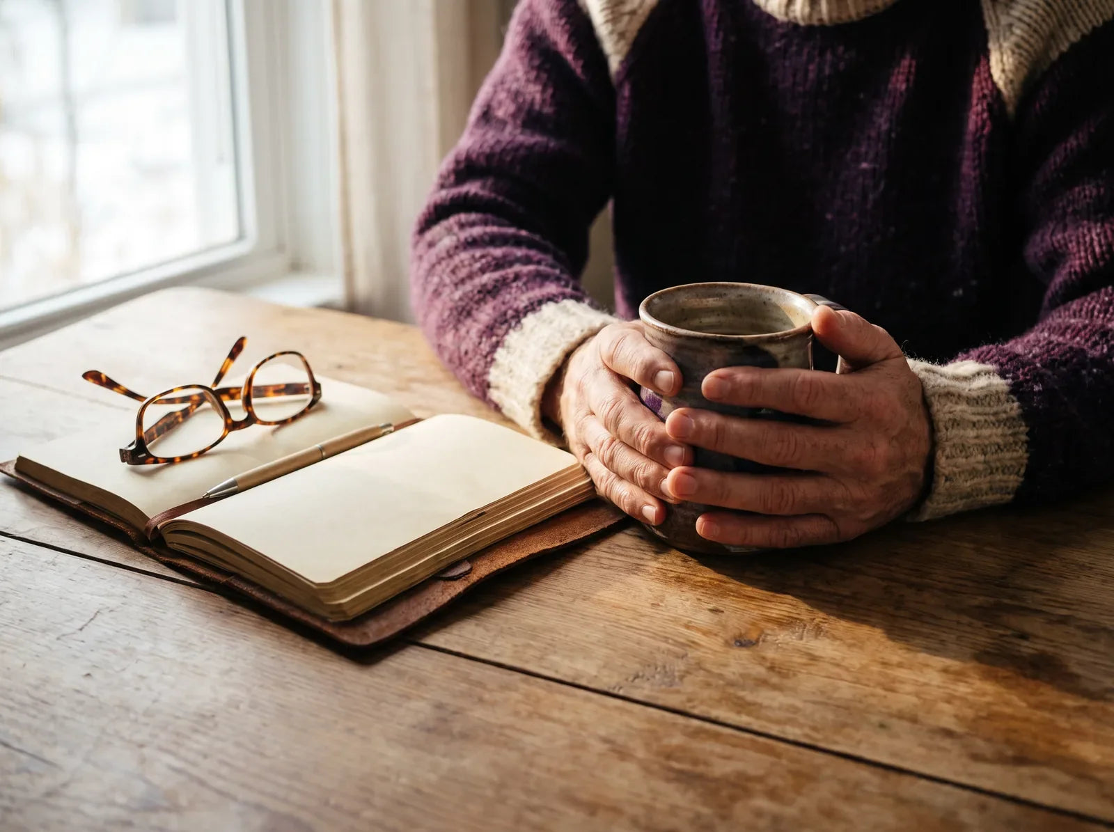 Sfeerbeeld: handen van een man om een mok koffie aan de keukentafel, naast een notitieboekje