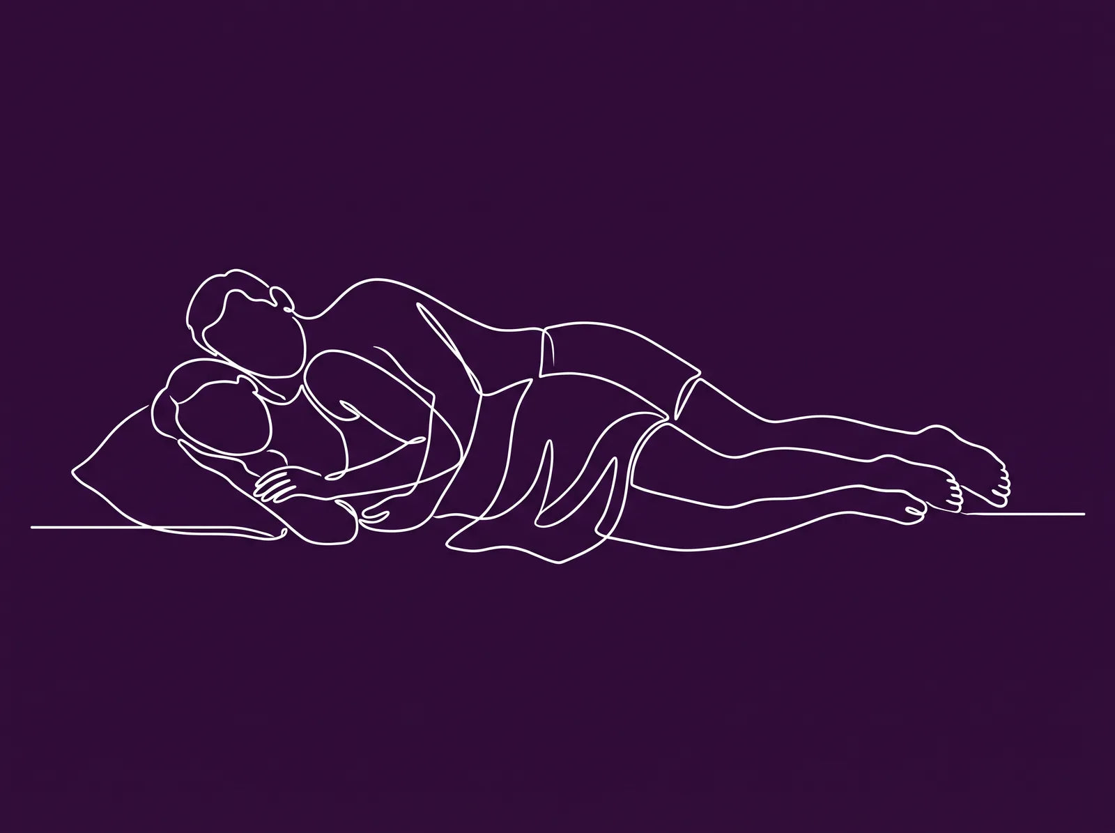 Illustratie in witte lijnen op paars: een stel ligt in lepeltje lepeltje op hun zij in bed