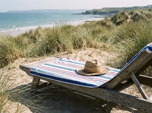Sfeerbeeld: een strandlaken en een strohoed op een houten ligstoel in de duinen boven zee