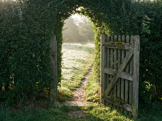 Sfeerbeeld: een oude houten poort in een groene haag staat open, met een pad in ochtendlicht