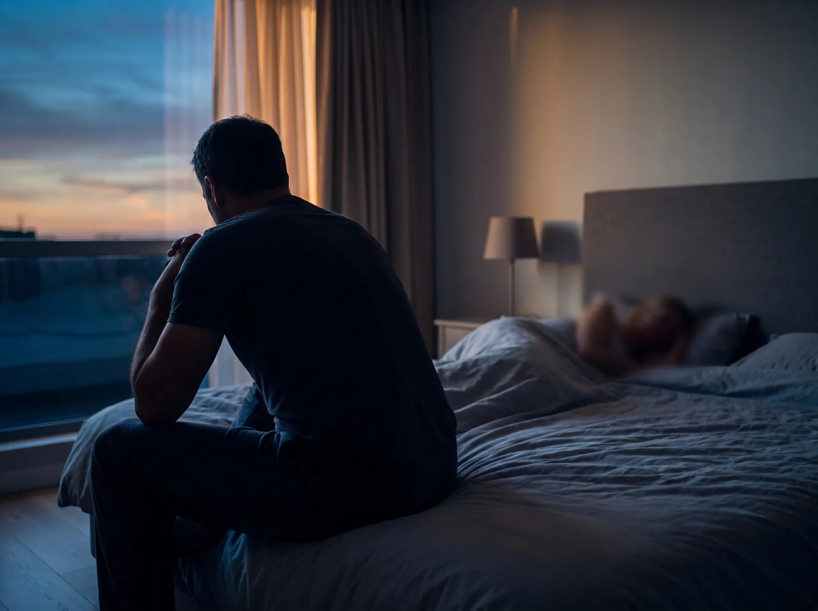 Sfeerbeeld: man van achteren op de rand van het bed bij schemering, partner onscherp