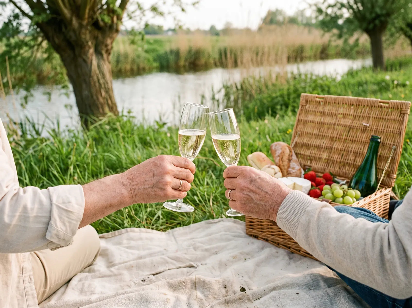 Sfeerbeeld: twee handen proosten met bubbels boven een picknickmand aan de rivier