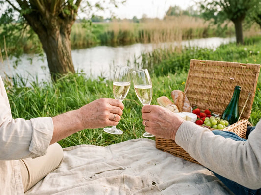 Sfeerbeeld: twee handen proosten met bubbels boven een picknickmand aan de rivier