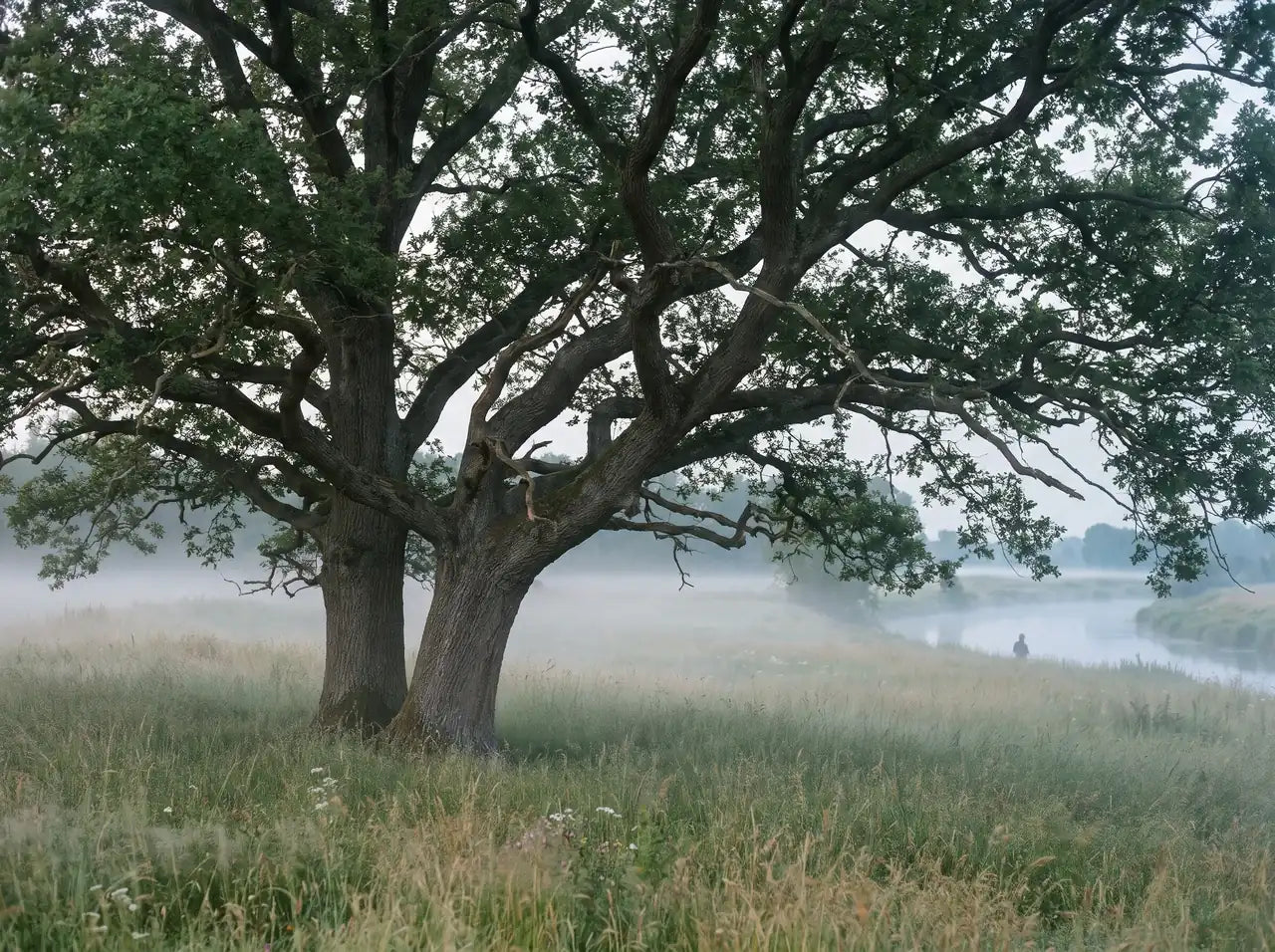 Sfeerbeeld: twee oude bomen, in elkaar gegroeid, in een mistig weiland bij de rivier