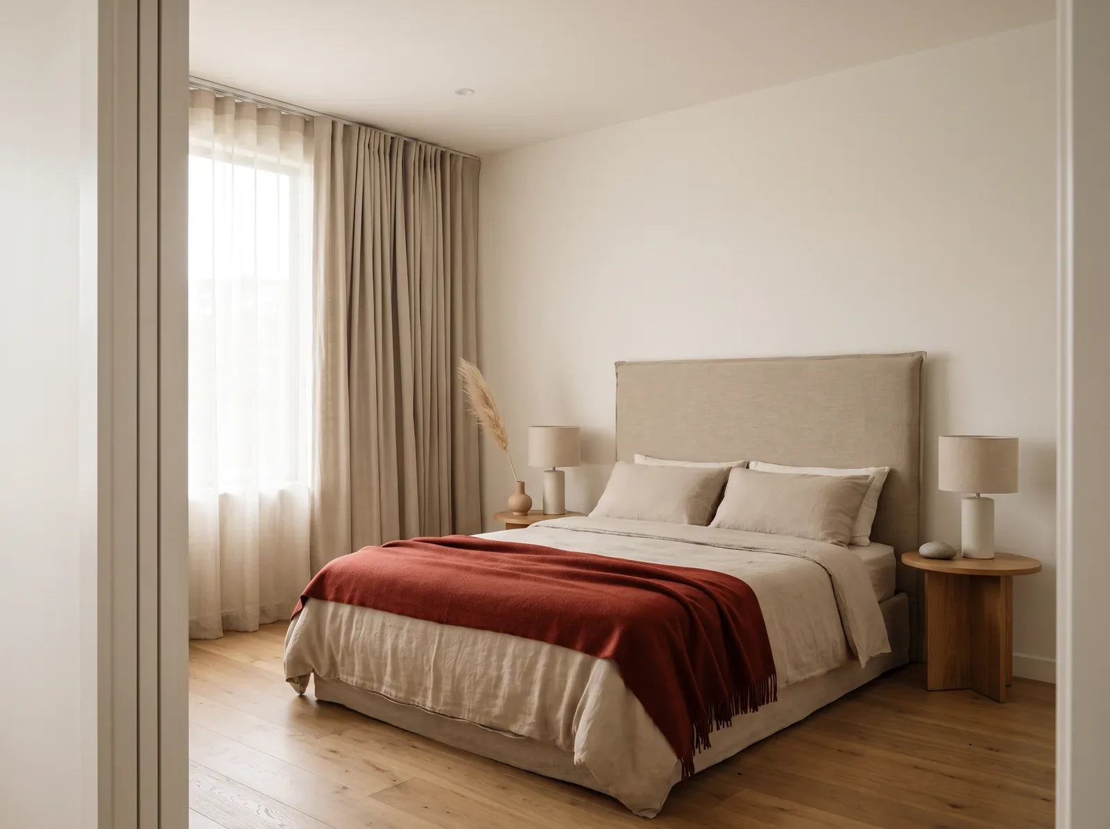 Sfeerbeeld: lichte slaapkamer vanuit de deur, het bed schuin aan de overkant, met rode plaid