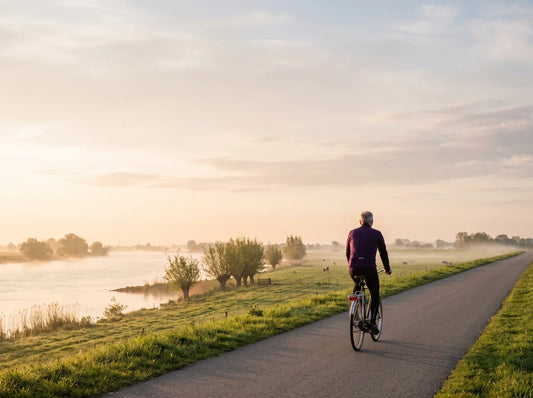 Sfeerbeeld: man met grijs haar fietst in de vroege ochtend over een dijk langs de rivier