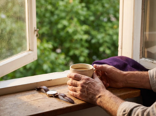 Sfeerbeeld: handen van een man rond de zestig om een mok koffie bij een open raam