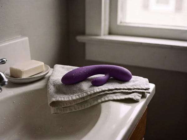 Sfeerbeeld: een net afgespoelde paarse rabbitvibrator droogt op een opgevouwen handdoek naast de wastafel