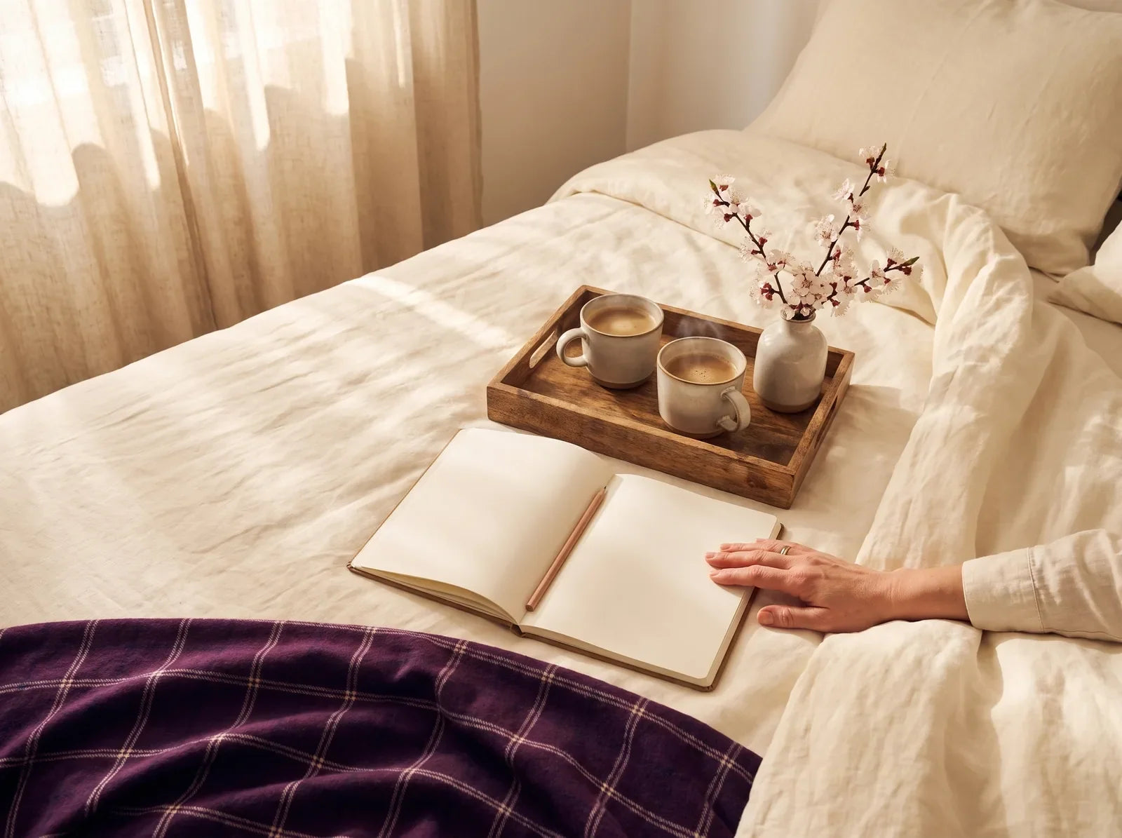 Sfeerbeeld: opgemaakt bed in het ochtendlicht met twee koppen koffie, bloesem en een leeg notitieboekje