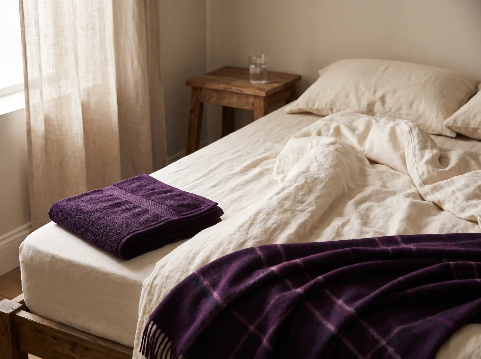 Sfeerbeeld: opengeslagen bed met creme linnen, een opgevouwen paarse handdoek en een glas water