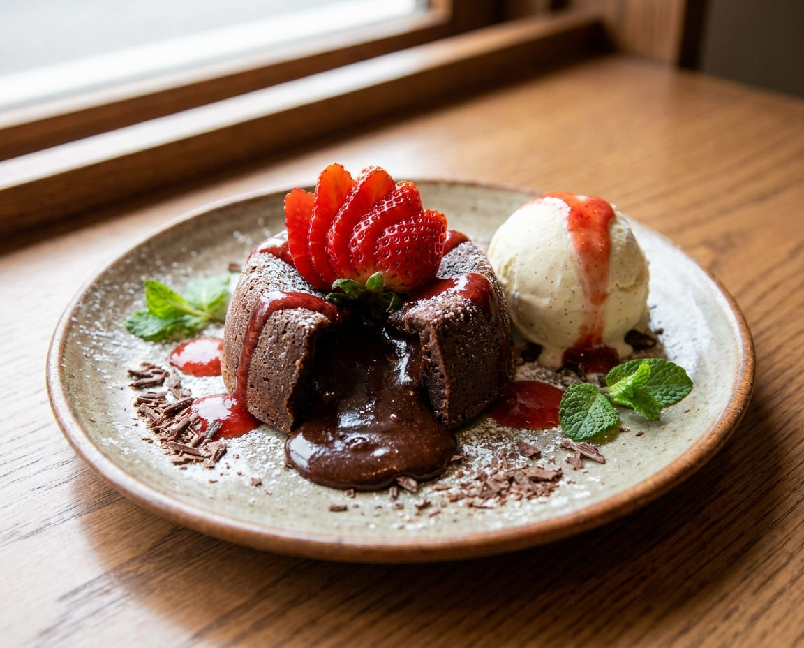 chocolade pudding met ijs en aardbeien