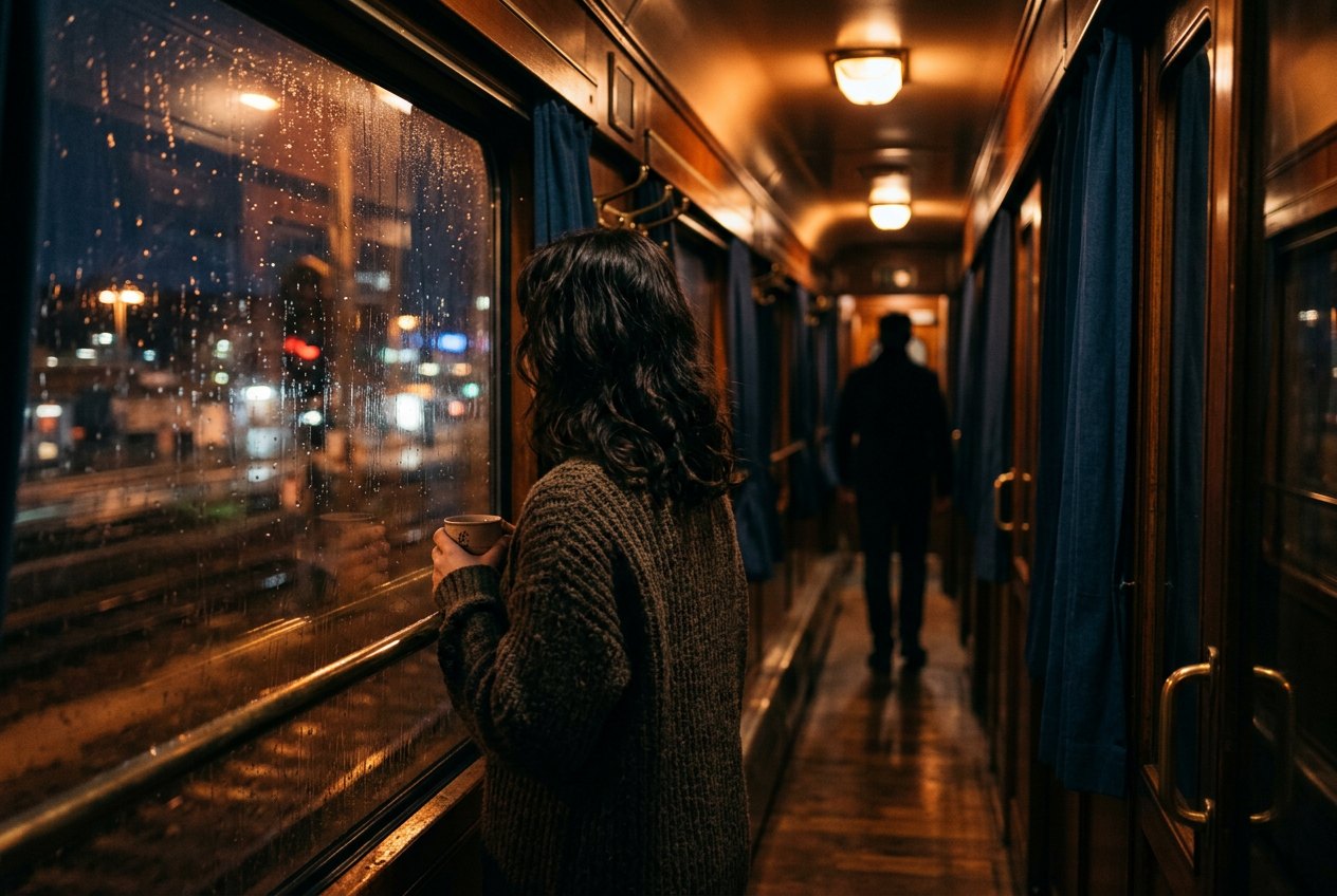Vrouw bij het raam in de gang van een nachttrein, illustratie bij het erotische verhaal De nachttrein
