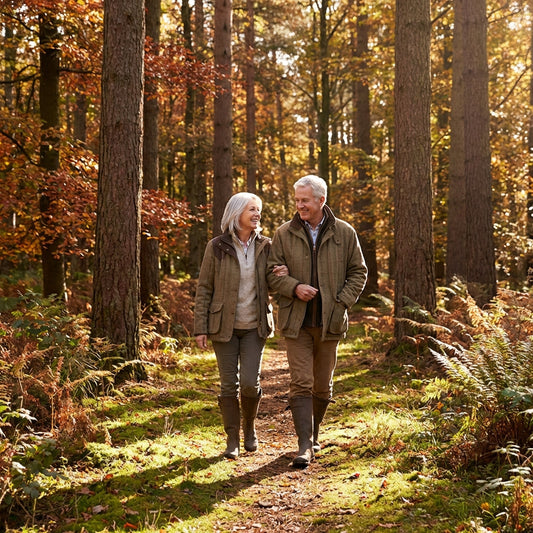 Ouder stel wandelt gearmd door sfeervol herfstbos met gouden bladeren