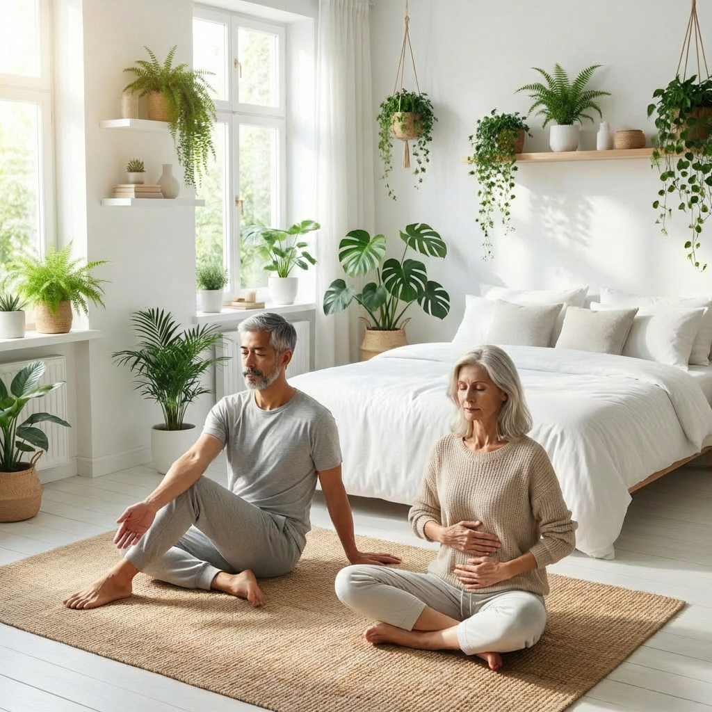 Ontspanningsoefeningen illustratie bij artikel over betere seks door ontspanning met zachte kleuren en rustgevende sfeer