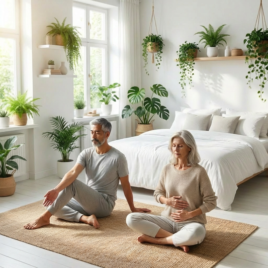 Ontspanningsoefeningen illustratie bij artikel over betere seks door ontspanning met zachte kleuren en rustgevende sfeer