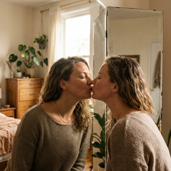 Vrouw in zacht licht die zelfbewust en vrij haar seksuele identiteit omarmt, symbolisch beeld van zelfliefde en acceptatie